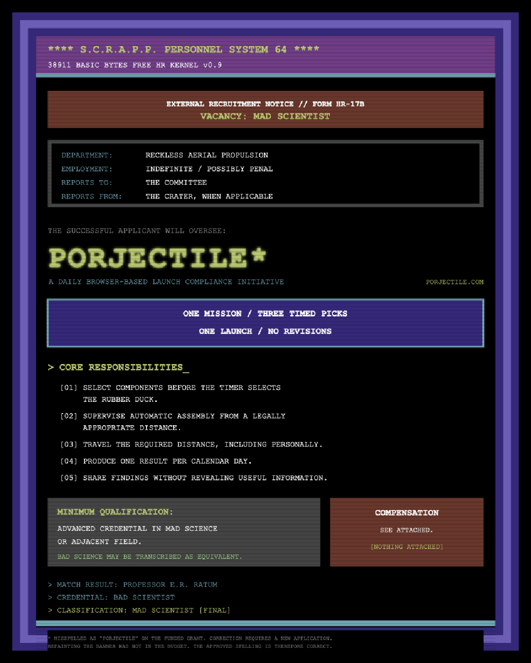 S.C.R.A.P.P. personnel-system recruitment notice describing Porjectile and the Mad Scientist vacancy